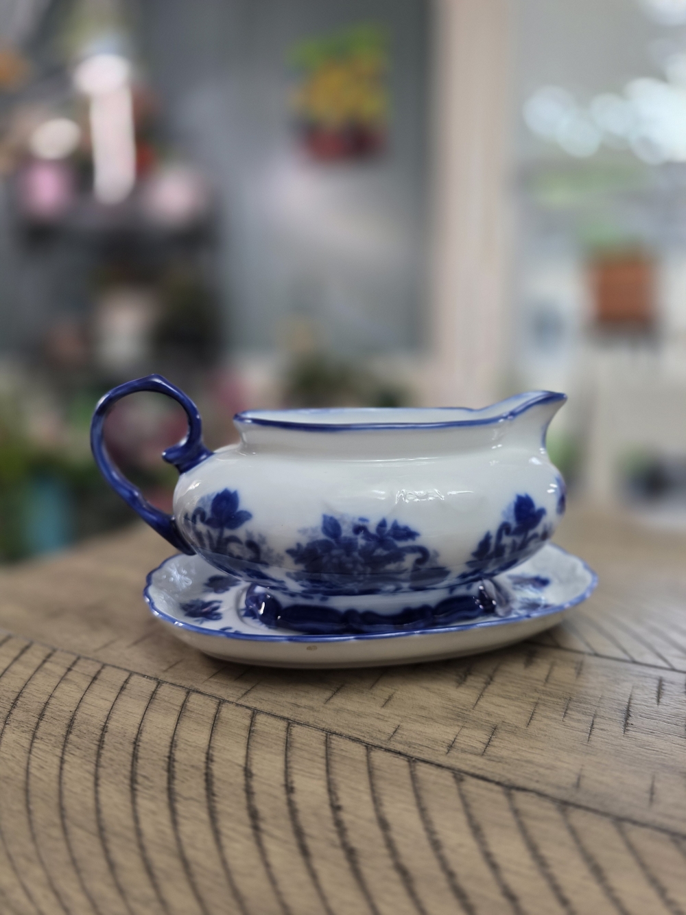 Blue Floral Porcelain Gravy Boat with Underplate
